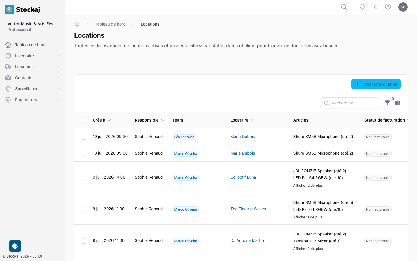 La liste des locations avec les filtres de statut, la recherche et les badges de statut colorés