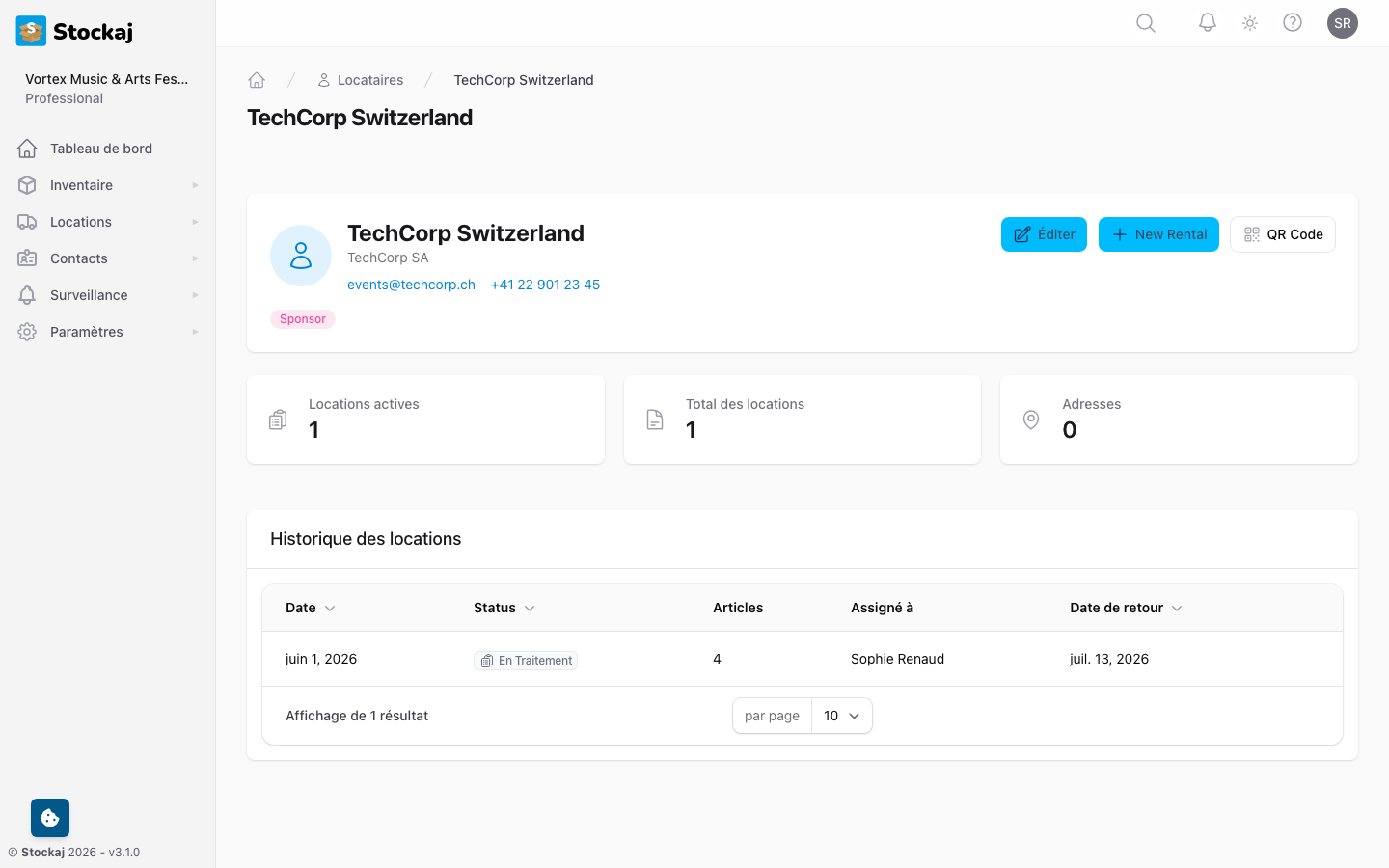 Le tableau de bord du locataire montrant les coordonnées, l'historique des locations et l'activité