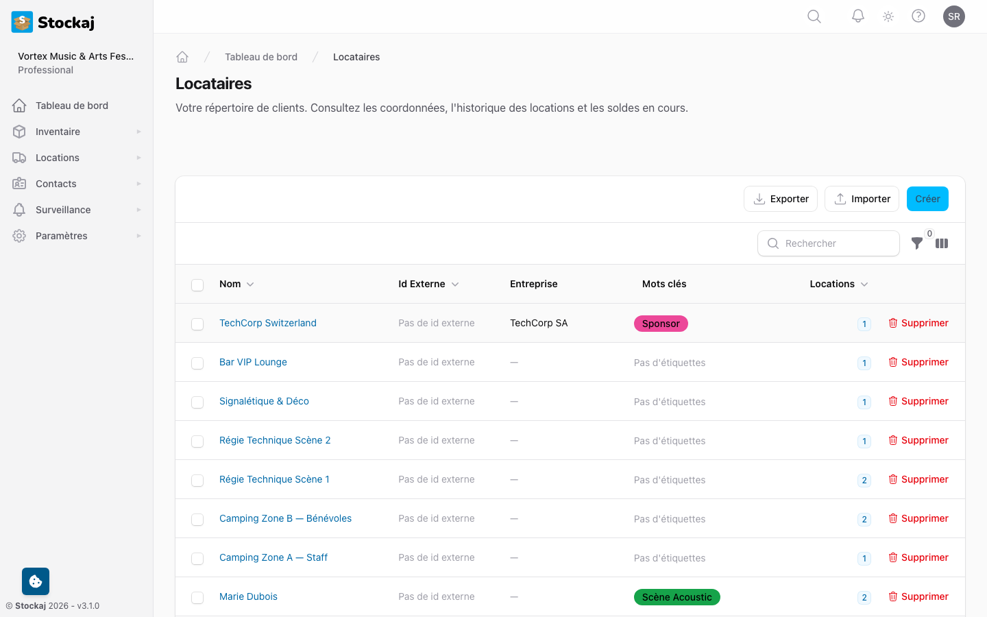 La vue liste des locataires avec recherche, filtres et boutons d'action