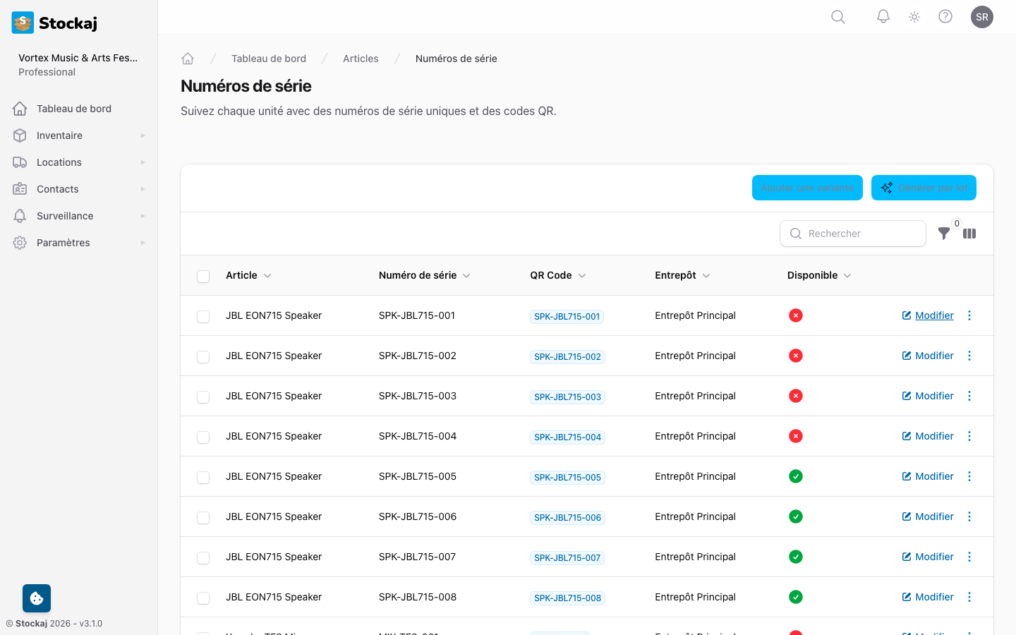 La liste des numéros de série (variantes) montrant les numéros de série, conditions et statut de disponibilité