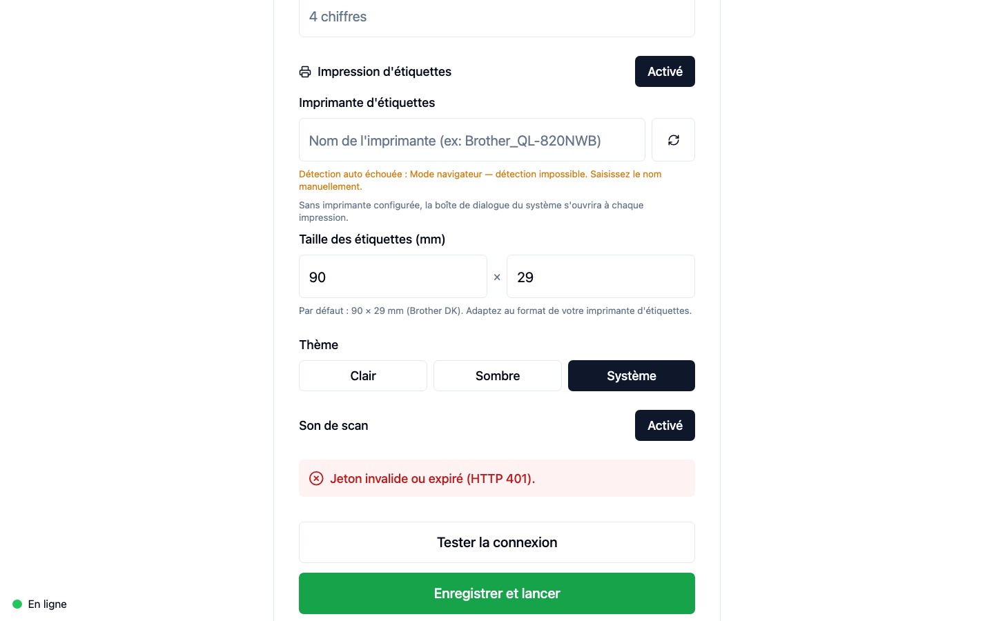 Test de connexion échoué