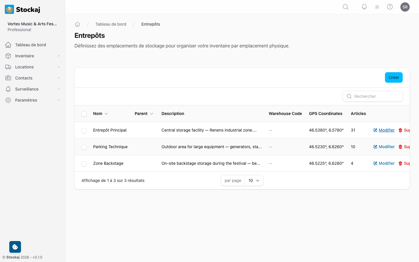 La page de gestion des entrepôts
