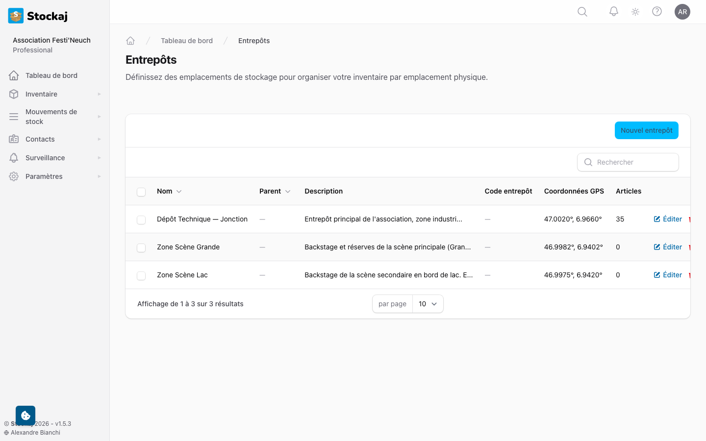 La page de gestion des entrepôts
