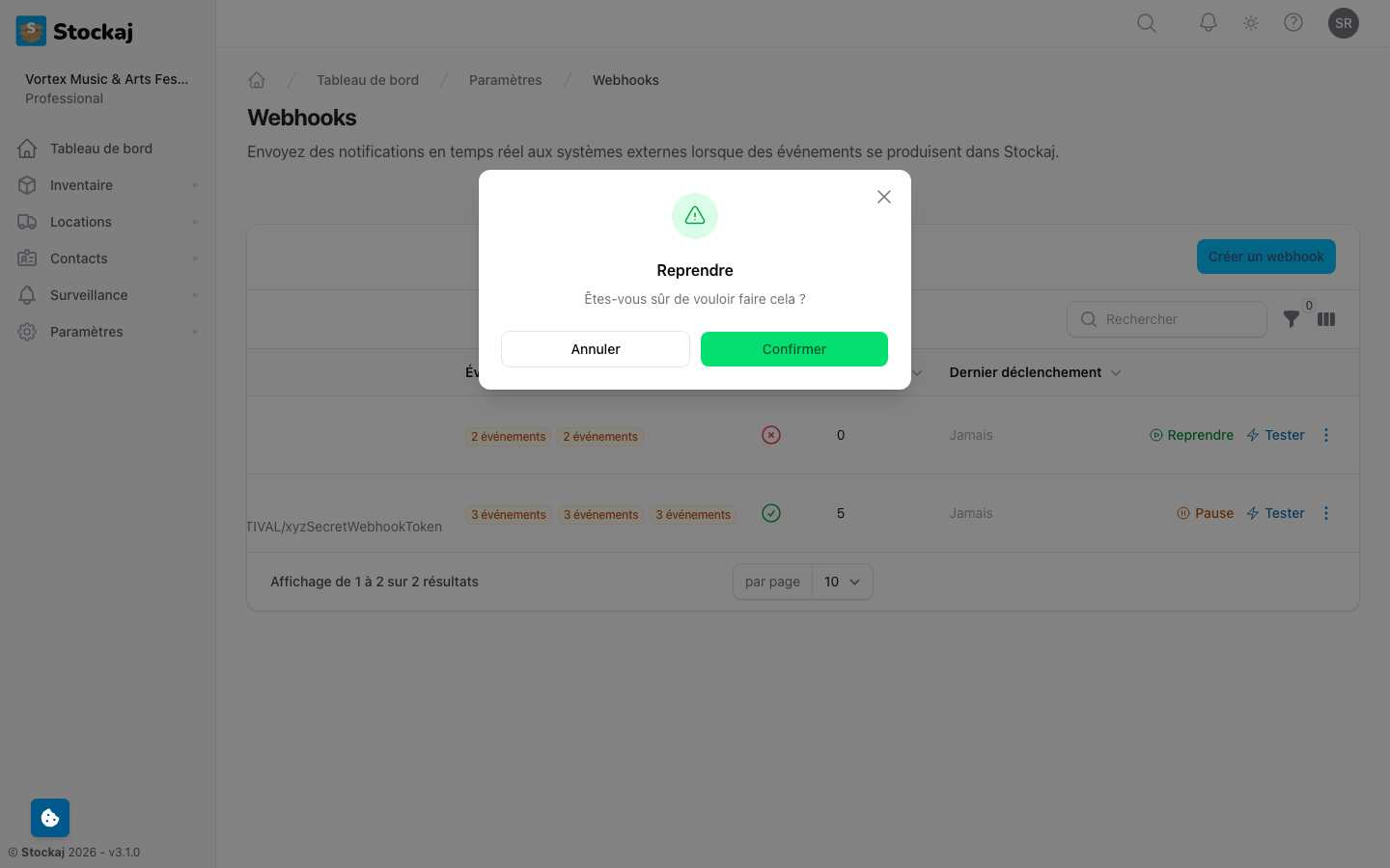 Le journal de livraison des webhooks montrant les livraisons passées avec les codes de statut et les temps de réponse