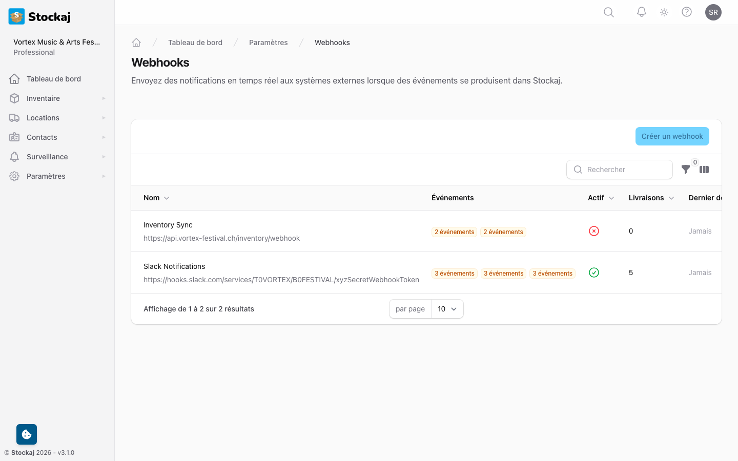La page de gestion des webhooks montrant les webhooks configurés avec leur statut et le nombre de livraisons